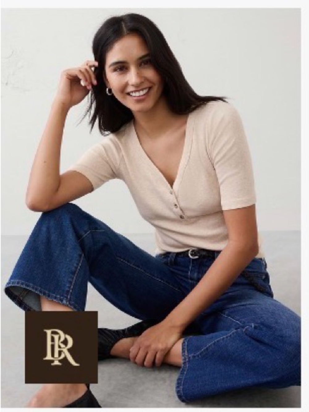 Banana Republic Beige Short-Sleeve Henley Top with V-Neck